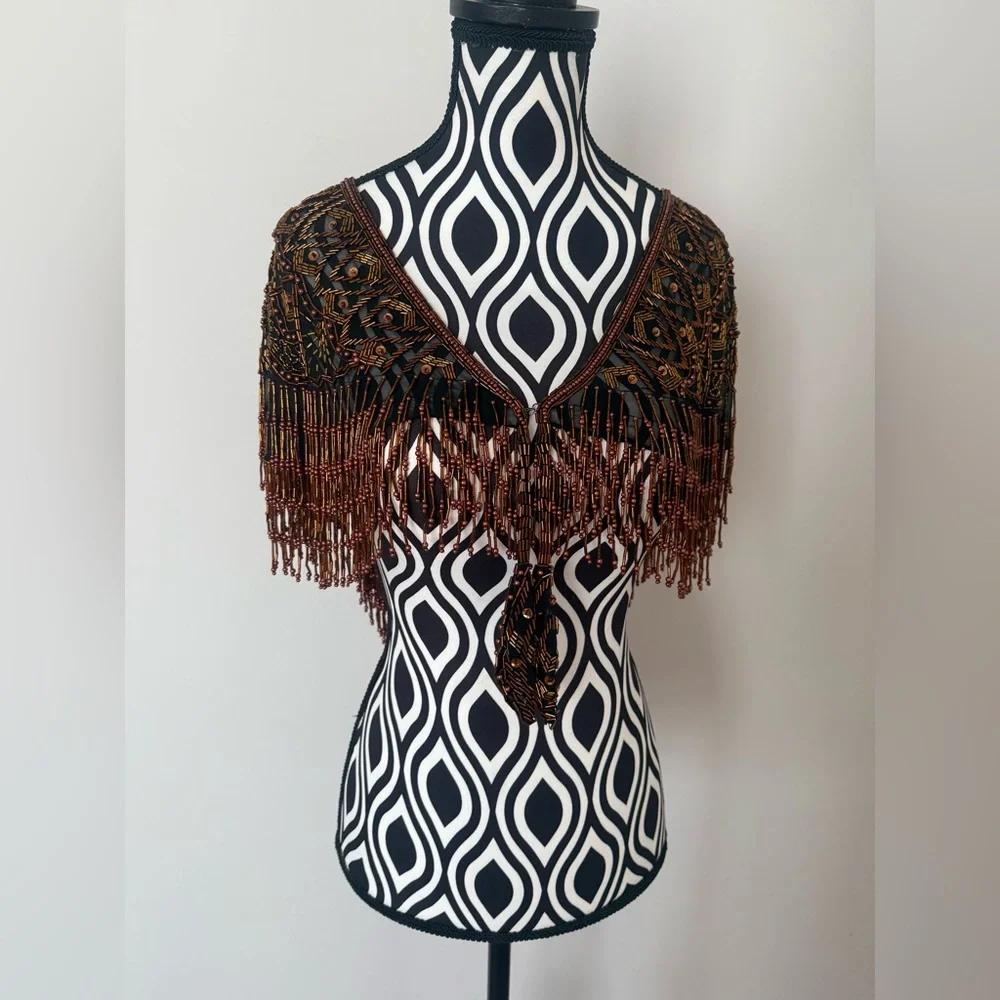 Gorgeous Vintage 70s 80s Sequin & Beaded Art Deco Shawl Capelet Rose Gold Bronze - Picture 12 of 15